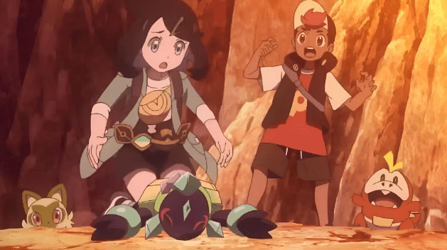 Terapagos se desmaya por agotamiento en Pokémon Horizons Episodio 33